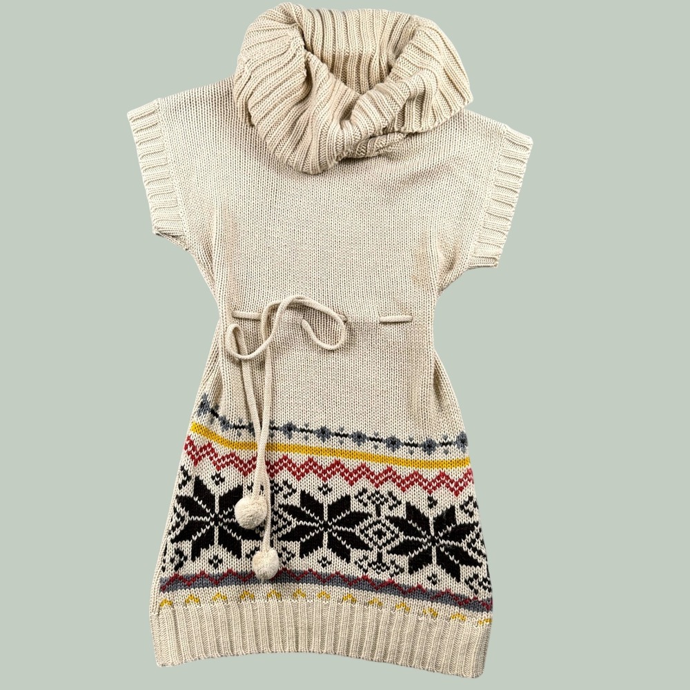 Energie Sweater Dress Womens L Fair Isle Snowflake Cap Sleeve Cowl Neck Belted